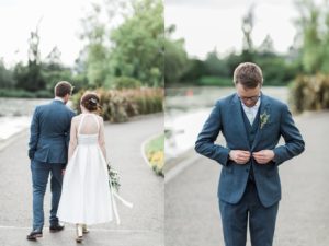 a bride and groom walking hand in hand outside of Wylam brewery